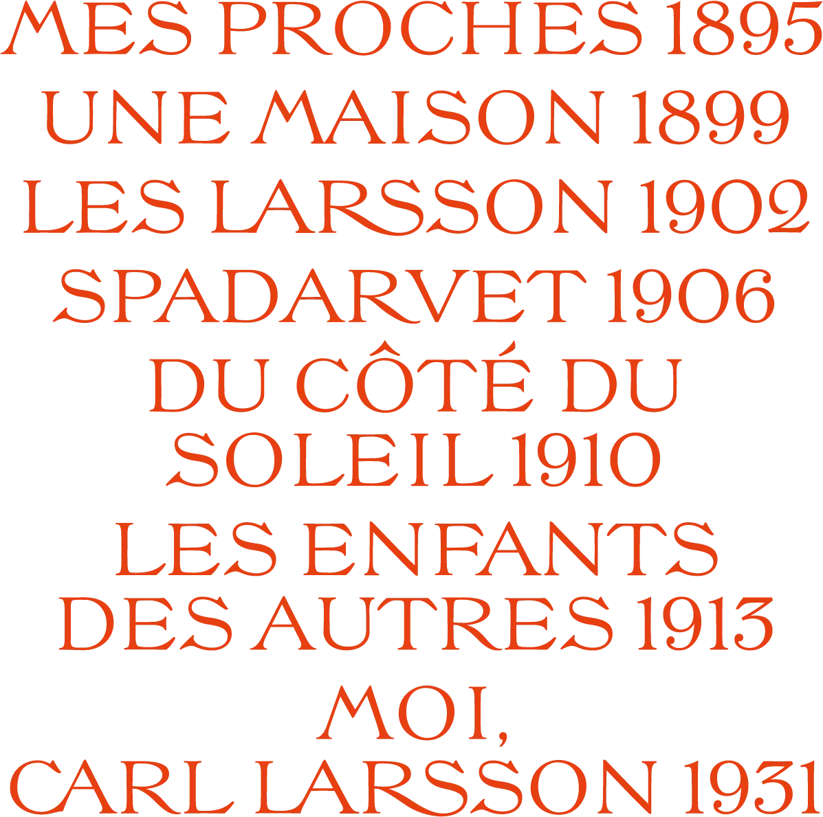 Titres et années des livres de Carl Larsson : Mes proches 1895, Une maison 1899, Les Larsson 1902, Spadarvet 1906, Du côté du soleil 1910, Les enfants des autres 1913 et Moi, Carl Larsson 1931