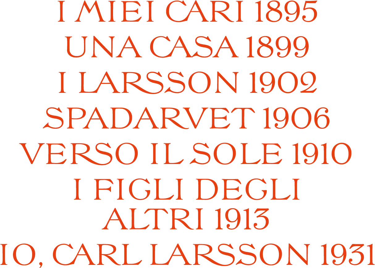 Titoli e anni dei libri di Carl Larsson: I miei cari 1895, Una casa 1899, I Larsson 1902, Spadarvet 1906, Verso il sole 1910, I figli degli altri 1913 e Io, Carl Larsson 1931