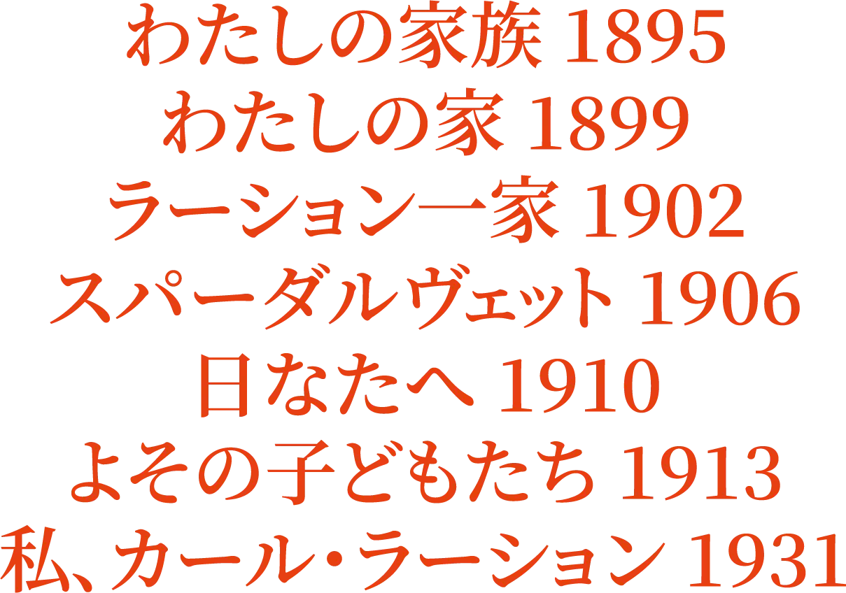 カール・ラーションの著書の書名と刊行年：わたしの家族 1895、わたしの家 1899、ラーション一家 1902、スパーダルヴェット 1906、日なたへ 1910、よその子どもたち 1913、私、カール・ラーション 1931