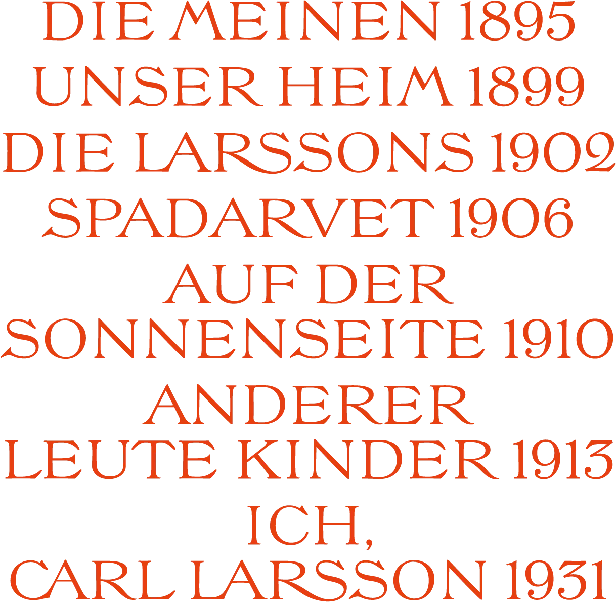 Titel und Jahreszahlen von Carl Larssons Büchern: Die Meinen 1895, Unser Heim 1899, Die Larssons 1902, Spadarvet 1906, Auf der Sonnenseite 1910, Anderer Leute Kinder 1913 und Ich, Carl Larsson 1931